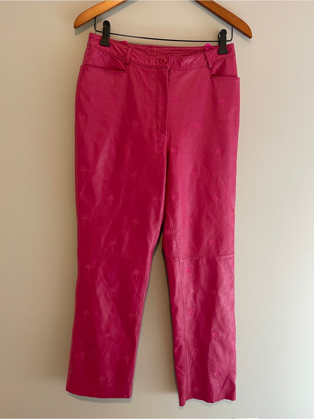 Lilly Pulitzer Pink 100% Genuine Leather Pants Palm Tree Embroidered Size 8 RARE